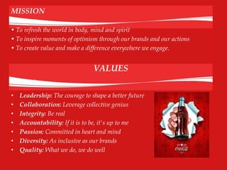 MISSION
• To refresh the world in body, mind and spirit
• To inspire moments of optimism through our brands and our actions
• To create value and make a difference everywhere we engage.
VALUES
• Leadership: The courage to shape a better future
• Collaboration: Leverage collective genius
• Integrity: Be real
• Accountability: If it is to be, it's up to me
• Passion: Committed in heart and mind
• Diversity: As inclusive as our brands
• Quality: What we do, we do well
 