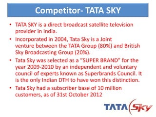 Competitor- TATA SKY
• TATA SKY is a direct broadcast satellite television
provider in India.
• Incorporated in 2004, Tata Sky is a Joint
venture between the TATA Group (80%) and British
Sky Broadcasting Group (20%).
• Tata Sky was selected as a ”SUPER BRAND” for the
year 2009-2010 by an independent and voluntary
council of experts known as Superbrands Council. It
is the only Indian DTH to have won this distinction.
• Tata Sky had a subscriber base of 10 million
customers, as of 31st October 2012
 