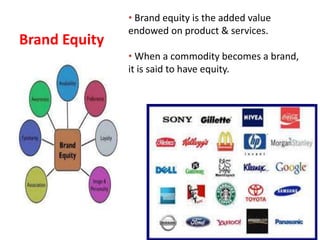 Brand Equity
• Brand equity is the added value
endowed on product & services.
• When a commodity becomes a brand,
it is said to have equity.
 