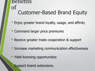 Customer-Based Brand Equity
• Enjoy greater brand loyalty, usage, and affinity
• Command larger price premiums
• Receive greater trade cooperation & support
• Increase marketing communication effectiveness
• Yield licensing opportunities
• Support brand extensions.
Benefits
of
 