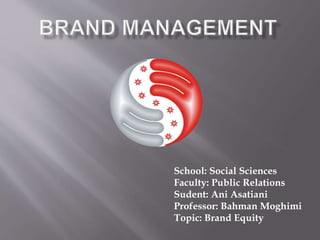 School: Social Sciences
Faculty: Public Relations
Sudent: Ani Asatiani
Professor: Bahman Moghimi
Topic: Brand Equity
 