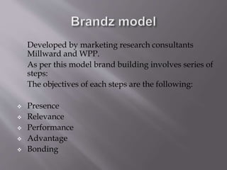 Developed by marketing research consultants
Millward and WPP.
As per this model brand building involves series of
steps:
The objectives of each steps are the following:
 Presence
 Relevance
 Performance
 Advantage
 Bonding
 