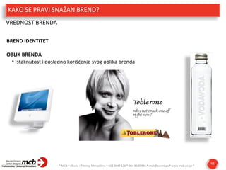 KAKO SE PRAVI SNAŽAN BREND?
VREDNOST BRENDA
BREND IDENTITET
OBLIK BRENDA
• Istaknutost i dosledno korišćenje svog oblika brenda

* MCB * Obuka i Trening Menadžera * 011 3047 126 * 063 8500 991 * mcb@eunet.yu * www.mcb.co.yu *

48

 