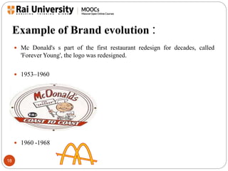 Example of Brand evolution : 
18 
 Mc Donald's s part of the first restaurant redesign for decades, called 
'Forever Young', the logo was redesigned. 
 1953–1960 
 1960 -1968 
 