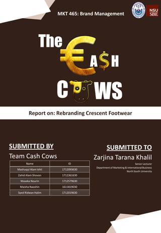 The
A H
C WS
MKT 465: Brand Management
Report on: Rebranding Crescent Footwear
SUBMITTED TO
Zarjina Tarana Khalil
Senior Lecturer
Department of Marketing & International Business
North South University
SUBMITTED BY
Team Cash Cows
Name ID
Mashuqul Alam Ishti 1712093630
Zahid Alam Shovon 1712361630
Waseka Nourin 1712579630
Maisha Naoshin 1611819030
Syed Ridwan Halim 1712019630
 