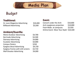 Media Plan

   Budget
Traditional:                                 Event:
St. Louis Magazine Advertising     $10,400   Concert under the Arch         $10,000
Billboard Advertising              $3,500    Arch eyeglasses projection     $10,000
                                             Flash Mobs at campuses         $2,920
                                             Online Event- Wear Your Style! $10,500
Ambient/Guerilla:
Metro Outdoor Advertising          $4,700
Barricade Advertising              $4,500
Stairway Advertising               $4,000
Escalator Advertising              $4,000
Campus Posters                     $250
Eyeglass Decal Advertising         $4,720
Eyeglass frames with LCD screens   $3,710
Mall Elevator Advertising          $4,000
 