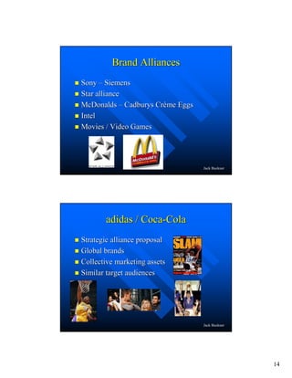 14
Jack Buckner
Brand AlliancesBrand Alliances
SonySony –– SiemensSiemens
Star allianceStar alliance
McDonaldsMcDonalds –– Cadburys CrCadburys Crèème Eggsme Eggs
IntelIntel
Movies / Video GamesMovies / Video Games
Jack Buckner
adidas / Cocaadidas / Coca--ColaCola
Strategic alliance proposalStrategic alliance proposal
Global brandsGlobal brands
Collective marketing assetsCollective marketing assets
Similar target audiencesSimilar target audiences
 