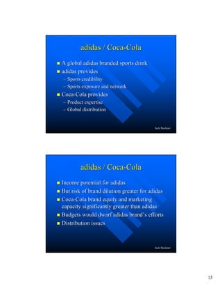 15
Jack Buckner
adidas / Cocaadidas / Coca--ColaCola
A global adidas branded sports drinkA global adidas branded sports drink
adidas providesadidas provides
–– Sports credibilitySports credibility
–– Sports exposure and networkSports exposure and network
CocaCoca--Cola providesCola provides
–– Product expertiseProduct expertise
–– Global distributionGlobal distribution
Jack Buckner
adidas / Cocaadidas / Coca--ColaCola
Income potential for adidasIncome potential for adidas
But risk of brand dilution greater for adidasBut risk of brand dilution greater for adidas
CocaCoca--Cola brand equity and marketingCola brand equity and marketing
capacity significantly greater than adidascapacity significantly greater than adidas
Budgets would dwarf adidas brandBudgets would dwarf adidas brand’’s effortss efforts
Distribution issuesDistribution issues
 