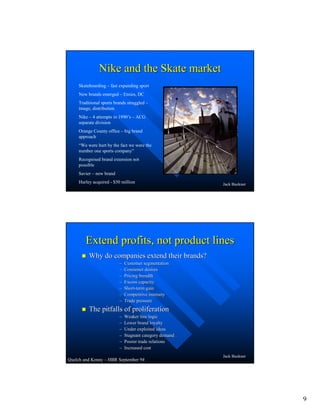 9
Jack Buckner
Nike and the Skate marketNike and the Skate market
Skateboarding – fast expanding sport
New brands emerged – Etnies, DC
Traditional sports brands struggled –
image, distribution
Nike – 4 attempts in 1990’s – ACG
separate division
Orange County office – big brand
approach
“We were hurt by the fact we were the
number one sports company”
Recognised brand extension not
possible
Savier – new brand
Hurley acquired - $50 million
Jack Buckner
Extend profits, not product linesExtend profits, not product lines
Why do companies extend their brands?Why do companies extend their brands?
–– Customer segmentationCustomer segmentation
–– Consumer desiresConsumer desires
–– Pricing breadthPricing breadth
–– Excess capacityExcess capacity
–– ShortShort--term gainterm gain
–– Competitive intensityCompetitive intensity
–– Trade pressureTrade pressure
The pitfalls of proliferationThe pitfalls of proliferation
–– Weaker line logicWeaker line logic
–– Lower brand loyaltyLower brand loyalty
–– Under exploited ideasUnder exploited ideas
–– Stagnant category demandStagnant category demand
–– Poorer trade relationsPoorer trade relations
–– Increased costIncreased cost
Quelch and Kenny – HBR September 94
 