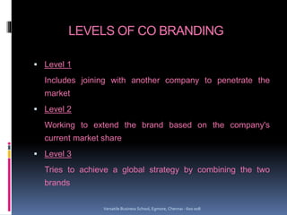 LEVELS OF CO BRANDING
 Level 1
Includes joining with another company to penetrate the
market
 Level 2
Working to extend the brand based on the company's
current market share
 Level 3
Tries to achieve a global strategy by combining the two
brands
Versatile Business School, Egmore, Chennai - 600 008
 