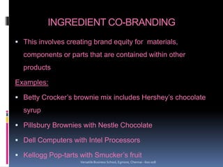 INGREDIENT CO-BRANDING
 This involves creating brand equity for materials,
components or parts that are contained within other
products
Examples:
 Betty Crocker’s brownie mix includes Hershey’s chocolate
syrup
 Pillsbury Brownies with Nestle Chocolate
 Dell Computers with Intel Processors
 Kellogg Pop-tarts with Smucker’s fruit
Versatile Business School, Egmore, Chennai - 600 008
 