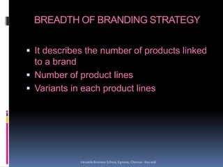 BREADTH OF BRANDING STRATEGY
 It describes the number of products linked
to a brand
 Number of product lines
 Variants in each product lines
Versatile Business School, Egmore, Chennai - 600 008
 