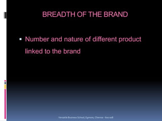 BREADTH OF THE BRAND
 Number and nature of different product
linked to the brand
Versatile Business School, Egmore, Chennai - 600 008
 
