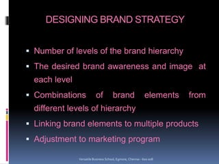 DESIGNING BRAND STRATEGY
 Number of levels of the brand hierarchy
 The desired brand awareness and image at
each level
 Combinations of brand elements from
different levels of hierarchy
 Linking brand elements to multiple products
 Adjustment to marketing program
Versatile Business School, Egmore, Chennai - 600 008
 
