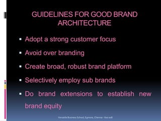 GUIDELINES FOR GOOD BRAND
ARCHITECTURE
 Adopt a strong customer focus
 Avoid over branding
 Create broad, robust brand platform
 Selectively employ sub brands
 Do brand extensions to establish new
brand equity
Versatile Business School, Egmore, Chennai - 600 008
 