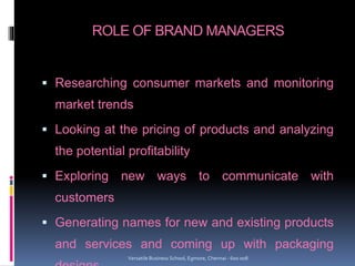 ROLE OF BRAND MANAGERS
 Researching consumer markets and monitoring
market trends
 Looking at the pricing of products and analyzing
the potential profitability
 Exploring new ways to communicate with
customers
 Generating names for new and existing products
and services and coming up with packaging
Versatile Business School, Egmore, Chennai - 600 008
 
