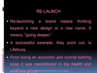 RE-LAUNCH
 Re-launching a brand means thinking
beyond a new design or a new name. It
means, "going deeper.“
 A successful example, they point out, is
Lifebuoy.
 From being an economic and normal bathing
soap it was repositioned in the health and
wellness groupVersatile Business School, Egmore, Chennai - 600 008
 
