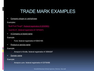TRADE MARK EXAMPLES
 Company slogan or catchphrase
Examples:
“Built Ford Tough", (federal registration # 2202980)
“Just Do It”, (federal registration # 1875307)
 A Company or brand name
Example:
 Ford, federal registration # 0643185
 Product or service name
Example:
 Amazon’s Kindle, federal registration # 3694267
 Domain name
Example:
 Amazon.com, federal registration # 2078496
Versatile Business School, Egmore, Chennai - 600 008
 