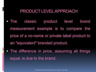 PRODUCT LEVELAPPROACH
 The classic product level brand
measurement example is to compare the
price of a no-name or private label product to
an "equivalent" branded product.
 The difference in price, assuming all things
equal, is due to the brand.
Versatile Business School, Egmore, Chennai - 600 008
 
