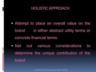 HOLISTICAPPROACH
 Attempt to place an overall value on the
brand in either abstract utility terms or
concrete financial terms
 Net out various considerations to
determine the unique contribution of the
brand
Versatile Business School, Egmore, Chennai - 600 008
 
