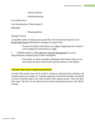10
BRAND EQUITY MEASUREMENT
Venkat.P | AITS,R
- History of brand
- Brand positioning
Core brand values
Core brand promise (“brand mantra”)
POP/POD
- Brand guidelines
Strategic Tactical
2.Assemble results of tracking survey and other relevant outcome measures into a
Brand Equity Report distributed to managers on regular basis
– Provides descriptive information as to what is happening with a brand as
well as diagnostic information as to why
3. Establish position of VP or Director of Equity Management to oversee
implementation of Brand Equity Charter and Reports
– Ensure that, as much as possible, marketing of the brand is done in way
that reflects the spirit of the Charter and the substance of the Report
A Brand Value System Map/Financial Brand
A brand value system map can be useful in creating an ongoing brand evaluation and
valuation process (see Figure 1). Using this approach, brand value should be considered
in terms of specific steps in the value creation-value capture process. There are three
main steps. The first two are internal and are about running the business. The third is
external.
 