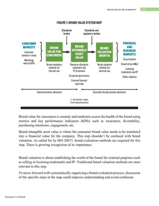 11
BRAND EQUITY MEASUREMENT
Venkat.P | AITS,R
Brand value for consumers is created, and marketers assess the health of the brand using
metrics and key performance indicators (KPIs) such as awareness, favorability,
purchasing intentions, engagement, etc.
Brand intangible asset value is where the consumer brand value needs to be translated
into a financial value for the company. This step shouldn’t be confused with brand
valuation. As called for by ISO 20671, brand evaluation methods are required for this
step. There is growing recognition of its importance.
Brand valuation is about establishing the worth of the brand for external purposes such
as selling or licensing trademarks and IP. Traditional brand valuation methods are most
relevant to this step.
To move forward with systematically organizing a brand evaluation process, discussion
of the specific steps in the map could improve understanding and avoid confusion.
 