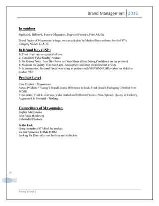 Brand Management 2015
Young’sFood |
10
In outdoor
Signboard, Billboard, Female Magazines, Digest of Females, Print Ad, Etc
Brand Equity of Mayonnaise is huge; we can calculate by Market Share and trust level of 83%.
Category Named LEADS.
In Brand Key (USP)
1- Trust Level on every period of time.
2- Consistent Value Quality Product
3- No Return Policy from Distributor and then Shops (Have Strong Confidence on our product)
4- Maintain the quality from Sun Light, Atmosphere and other environmental effects.
5- In competition, National Foods was trying to product such MAYONNAISE product but failed to
product YET.
Product Level
Core Product = Mayonnaise
Actual Products = Young’s Brand Creates Difference in foods, Food Graded Packaging Certified from
PCSIR
Expectation: Trust & more use, Value Added and Different Flavors (Pizza Spread). Quality of Delivery,
Augmented & Potential = Nothing.
Competitors of Mayonnaise:
English Mayonnaise
Best Foods (Unilever)
Unbranded Products
In the End,
Going to make a STAR of the product
we don’t perceive LONGTERM.
Looking for Diversification but here not to disclose
 