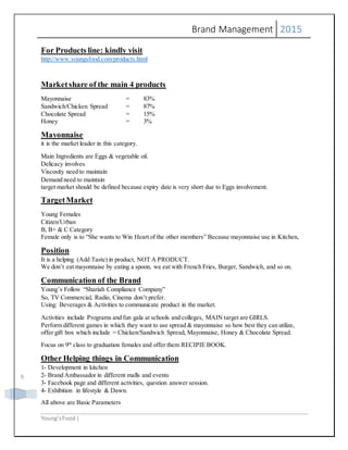 Brand Management 2015
Young’sFood |
9
For Products line: kindly visit
http://www.youngsfood.com/products.html
Marketshare of the main 4 products
Mayonnaise = 83%
Sandwich/Chicken Spread = 87%
Chocolate Spread = 15%
Honey = 3%
Mayonnaise
it is the market leader in this category.
Main Ingredients are Eggs & vegetable oil.
Delicacy involves
Viscosity need to maintain
Demand need to maintain
target market should be defined because expiry date is very short due to Eggs involvement.
TargetMarket
Young Females
Citizen/Urban
B, B+ & C Category
Female only is to “She wants to Win Heart of the other members” Because mayonnaise use in Kitchen,
Position
It is a helping (Add Taste) in product, NOT A PRODUCT.
We don’t eat mayonnaise by eating a spoon, we eat with French Fries, Burger, Sandwich, and so on.
Communication of the Brand
Young’s Follow “Shariah Compliance Company”
So, TV Commercial, Radio, Cinema don’t prefer.
Using: Beverages & Activities to communicate product in the market.
Activities include Programs and fun gala at schools and colleges, MAIN target are GIRLS.
Perform different games in which they want to use spread & mayonnaise so how best they can utilize,
offer gift box which include = Chicken/Sandwich Spread, Mayonnaise, Honey & Chocolate Spread.
Focus on 9th
class to graduation females and offer them RECIPIE BOOK.
Other Helping things in Communication
1- Development in kitchen
2- Brand Ambassador in different malls and events
3- Facebook page and different activities, question answer session.
4- Exhibition in lifestyle & Dawn.
All above are Basic Parameters
 