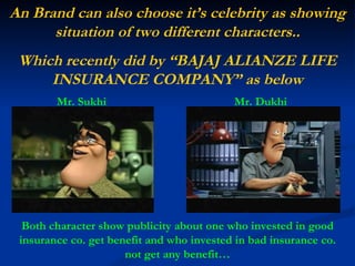 An Brand can also choose it’s celebrity as showing situation of two different characters.. Which recently did by “BAJAJ ALIANZE LIFE INSURANCE COMPANY” as below Mr. Sukhi Mr. Dukhi Both character show publicity about one who invested in good insurance co. get benefit and who invested in bad insurance co. not get any benefit… 