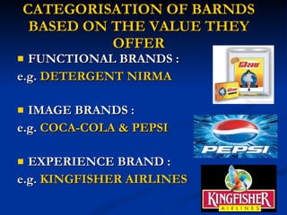 CATEGORISATION OF BARNDS BASED ON THE VALUE THEY OFFER FUNCTIONAL BRANDS : e.g.  DETERGENT NIRMA IMAGE BRANDS : e.g.  COCA-COLA & PEPSI EXPERIENCE BRAND : e.g.  KINGFISHER AIRLINES 