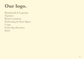 Our logo.
Brandmark & Logotype
Typeface
Brand variations
Positioning & Clear Space
Usage
Color Specifications
Don’t
11
 