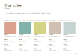 Our color.
Primary
These colors are developed for use of brand identity elements.
Note: Pantone® is a registered trademark of Pantone, Inc. The color shown on this page are not intended to visually match the pantone color standards. Please refer to the current edition of the Color Formula Guide.
CMYK:
12.55/38.82/40.39/0
RGB:
220/164/144
HEX:
#dca490
PMS:
Pantone 500C
CMYK:
49.8/16.47/33.73/0
RGB:
133/178/171
HEX:
#85b2ab
PMS:
Pantone 8281C
CMYK:
17.65/9.02/57.65/0
RGB:
214/211/135
HEX:
#d6d387
PMS:
Pantone 617C
CMYK:
18.04/21.96/27.45/0
RGB:
209/192/178
HEX:
#d1c0b2
PMS:
Pantone 401C
CMYK:
21.96/8.63/15.69/0
RGB:
198/213/209
HEX:
#c6d5d1
PMS:
Pantone 5517C
20
 
