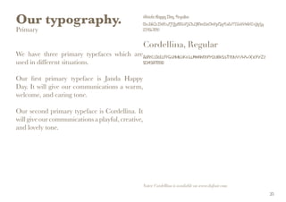 Our typography.
Primary
We have three primary typefaces which are
used in different situations.
Our first primary typeface is Janda Happy
Day. It will give our communications a warm,
welcome, and caring tone.
Our second primary typeface is Cordellina. It
will give our communications a playful, creative,
and lovely tone.
Janda Happy Day, Regular
AaBbCcDdEeFfGgHhIiJ jK kLlMmNnOoPpQqRrSsTtUuVvWwXxYyZz
1234567890
Cordellina, Regular
AaBbCcDdEeFfGgHhIiJjKkLlMmNnOoPpQqRrSsTtUuVvWwXxYyZz
1234567890
Notes: Cordellina is available on www.dafont.com.
25
 