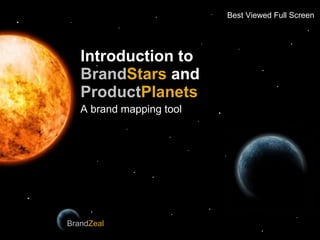 Introduction to   Brand Stars  and   Product Planets A brand mapping tool BrandZeal Brand Zeal . . . . . . . . . . . . . . . . . . . . . . . . . . . . . . . . Best Viewed Full Screen 