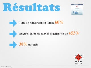 Résultats
  Taux de conversion en fan de 60%


  Augmentation du taux d’engagement de +53%


  30% opt-inés
 