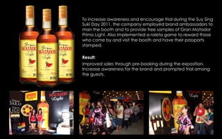 To increase awareness and encourage trial during the Suy Sing
Suki Day 2011, the company employed brand ambassadors to
man the booth and to provide free samples of Gran Matador
Primo Light. Also Implemented a roleta game to reward those
who come by and visit the booth and have their passports
stamped.
Result:
Improved sales through pre-booking during the exposition.
Increase awareness for the brand and prompted trial among
the guests.
 