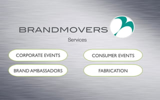FABRICATION
CONSUMER EVENTS
BRAND AMBASSADORS
CORPORATE EVENTS
Services
 