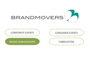 FABRICATION	
  
CONSUMER	
  EVENTS	
  
BRAND	
  AMBASSADORS	
  
CORPORATE	
  EVENTS	
  
 