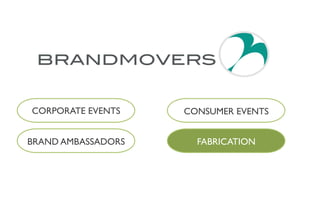 FABRICATION
CONSUMER EVENTS
BRAND AMBASSADORS
CORPORATE EVENTS
 