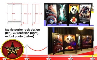 Movie poster rack design
(left), 3D rendition (right),
actual photo (below)
 