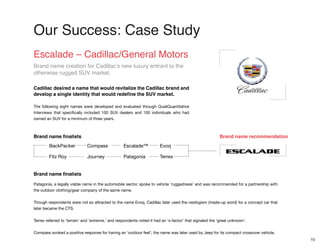 10
Escalade – Cadillac/General Motors
Our Success: Case Study
Brand name creation for Cadillac’s new luxury entrant to the
otherwise rugged SUV market.
Cadillac desired a name that would revitalize the Cadillac brand and
develop a single identity that would redefine the SUV market.
The following eight names were developed and evaluated through QualiQuantitative
Interviews that specifically included 100 SUV dealers and 100 individuals who had
owned an SUV for a minimum of three years.
Patagonia, a legally viable name in the automobile sector, spoke to vehicle ‘ruggedness’ and was recommended for a partnership with
the outdoor clothing/gear company of the same name.
Though respondents were not so attracted to the name Evoq, Cadillac later used the neologism (made-up word) for a concept car that
later became the CTS.
Terrex referred to ‘terrain’ and ‘extreme,’ and respondents noted it had an ‘x-factor’ that signaled the ‘great unknown’.
Compass evoked a positive response for having an ‘outdoor feel’; the name was later used by Jeep for its compact crossover vehicle.
BackPacker
Fitz Roy Journey Patagonia Terrex
Compass Escalade™ Evoq-------
------
------
------- -------- --------
--------
--------
----- ----- -----
-----
---------------
Brand name finalists
Brand name finalists
Brand name recommendation
 