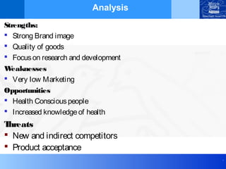 .
Analysis
Strengths:
 Strong Brand image
 Quality of goods
 Focuson research and development
Weaknesses
 Very low Marketing
Opportunities
 Health Consciouspeople
 Increased knowledgeof health
Threats
 New and indirect competitors
 Product acceptance
 