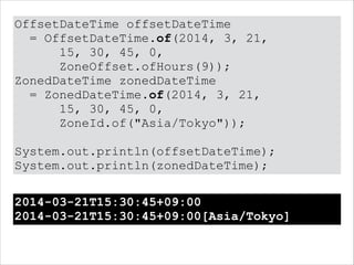 OffsetDateTime offsetDateTime
= OffsetDateTime.of(2014, 3, 21,
15, 30, 45, 0,
ZoneOffset.ofHours(9));
ZonedDateTime zonedDateTime
= ZonedDateTime.of(2014, 3, 21,
15, 30, 45, 0,
ZoneId.of("Asia/Tokyo"));
!
System.out.println(offsetDateTime);
System.out.println(zonedDateTime);
2014-03-21T15:30:45+09:00
2014-03-21T15:30:45+09:00[Asia/Tokyo]
 