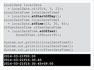 LocalDate localDate
= LocalDate.of(2014, 3, 21);
LocalDateTime localDateTime0
= localDate.atStartOfDay();
LocalDateTime localDateTime1
= localDate.atTime(15, 30, 45);
OffsetDateTime offsetDateTime
= localDateTime.atOffset(
ZoneOffset.ofHours(9));
!
System.out.println(localDateTime0);
System.out.println(localDateTime1);
System.out.println(offsetDateTime);
2014-03-21T00:00
2014-03-21T15:30:45
2014-03-21T15:30:45+09:00
 