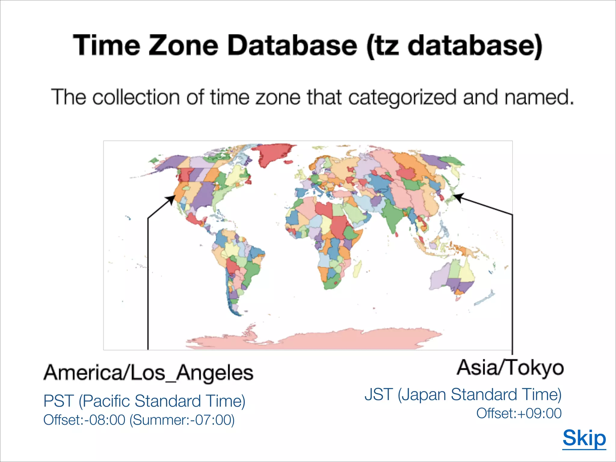 PST (Pacific Standard Time)
Offset:-08:00 (Summer:-07:00)
JST (Japan Standard Time)
Offset:+09:00
Skip
 