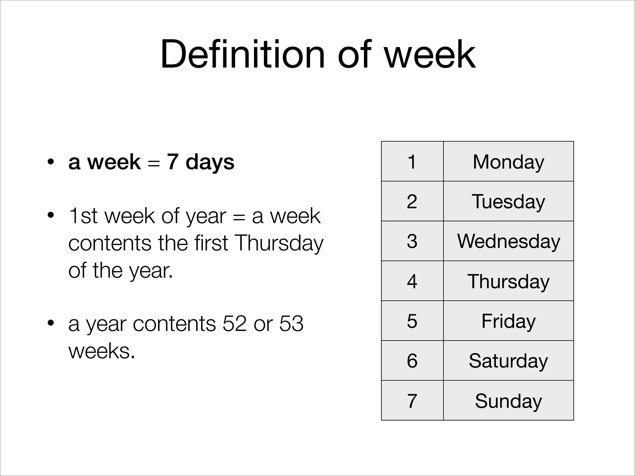Definition of week
• a week = 7 days
• 1st week of year = a week
contents the first Thursday
of the year.
• a year contents 52 or 53
weeks.
1 Monday
2 Tuesday
3 Wednesday
4 Thursday
5 Friday
6 Saturday
7 Sunday
 