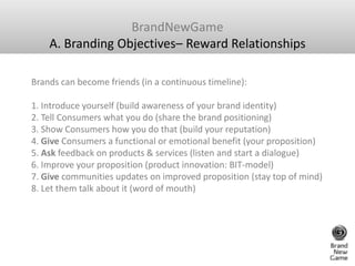 BrandNewGame<br />A. Branding Objectives– Reward Relationships<br />Brands can become friends (in a continuous timeline):1...