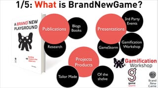 3rd Party
Events
GameStorm
Blogs 	

Books
Research
1/5: What is BrandNewGame?
Publications Presentations
Projects 	

Produ...