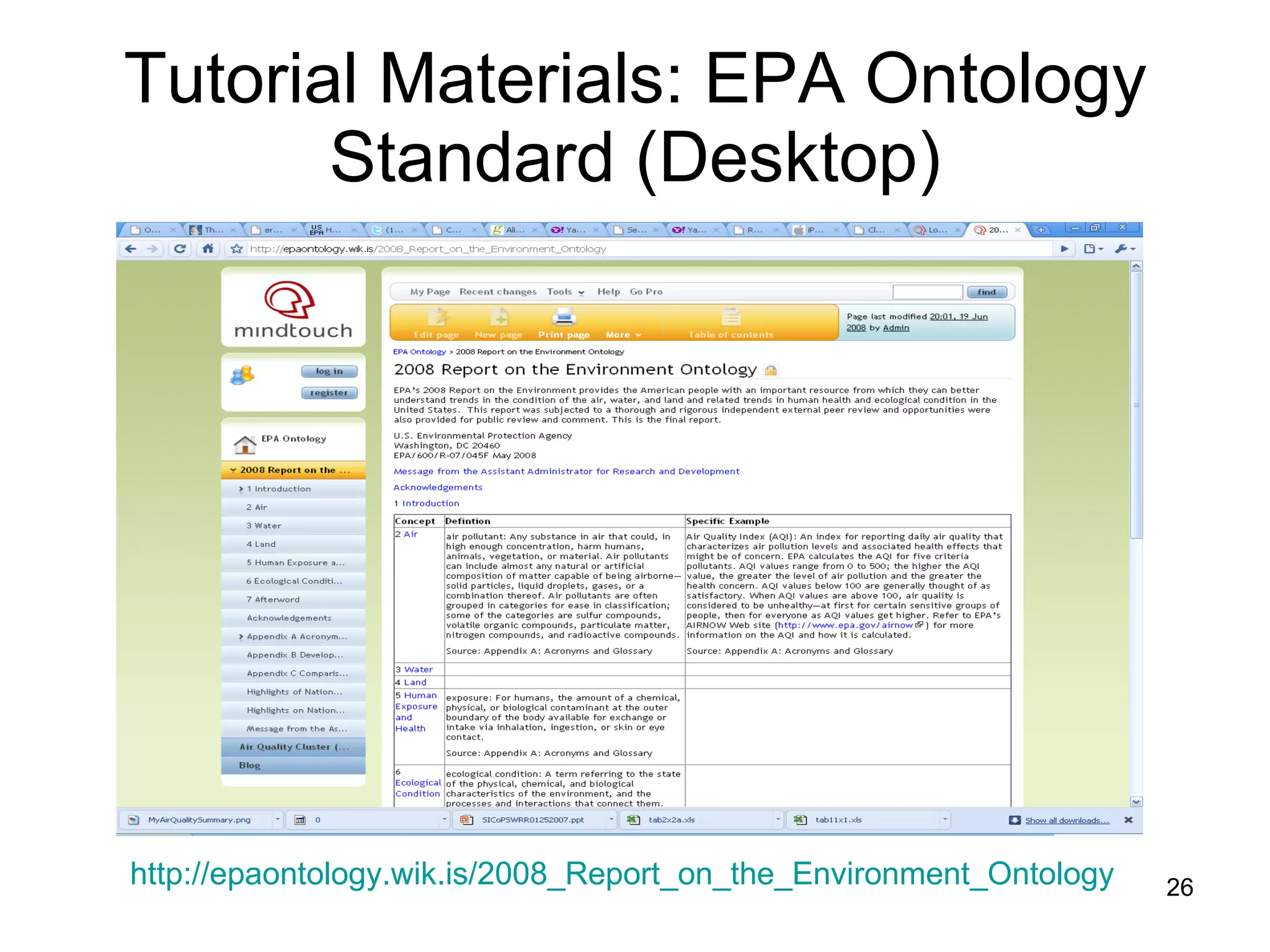 Tutorial Materials: EPA Ontology Standard (Desktop) http://epaontology.wik.is/2008_Report_on_the_Environment_Ontology   