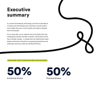 In a world dominated by technology, and with an abundance
of choice and diminishing trust in business, brands need to
work harder than ever to earn loyalty and create a valuable
bond with people.
It is no easy task, so our research set out to break down the
challenge for brands and offer a solution. At the heart of this
lies a mindset change – a change that can help brands create
deeper emotional connections, surpassing expectations and
eventually reaching a state we call Brand Nirvana.
Executive
summary
50% 50%
D R I V E R S F O R P U R C H A S I N G D E C I S I O N S
Emotional drivers Practical drivers
 